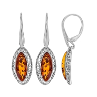 Dormeuses ovales arrondies ajourées, ambre cognac en argent 925/1000 rhodié