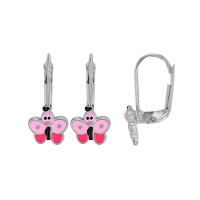 Dormeuses papillon émail rose, argent 925/1000 rhodié