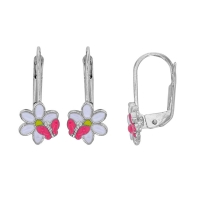 Dormeuses papillon sur fleur émail blanc et rose, argent 925/1000 rhodié