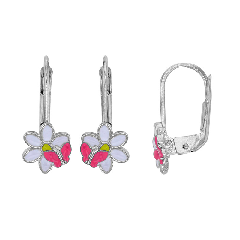Dormeuses papillon sur fleur émail blanc et rose, argent 925/1000 rhodié