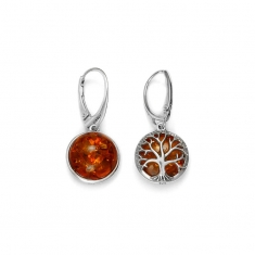 Dormeuses pierre d'Ambre cognac et Arbre de vie en argent 925/1000 rhodié