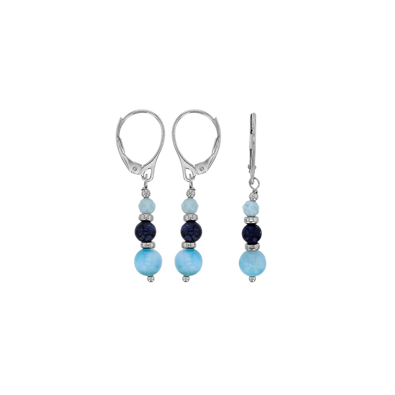 Dormeuses 2 pierres Larimar et une pierre Sodalite, argent 925/1000 platiné