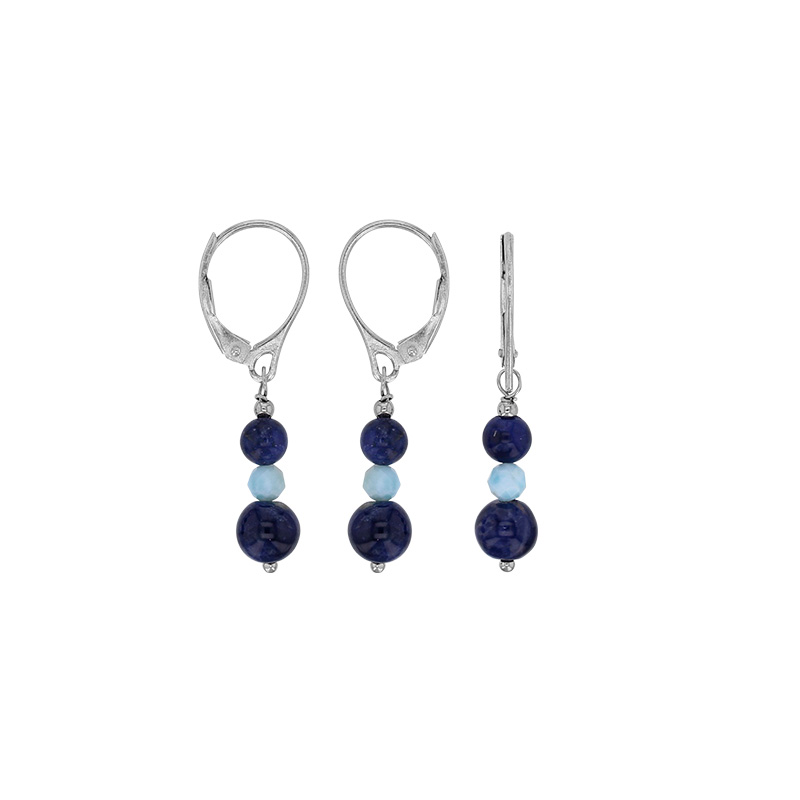 Dormeuses 2 pierres Sodalite et une pierre Larimar, argent 925/1000 platiné