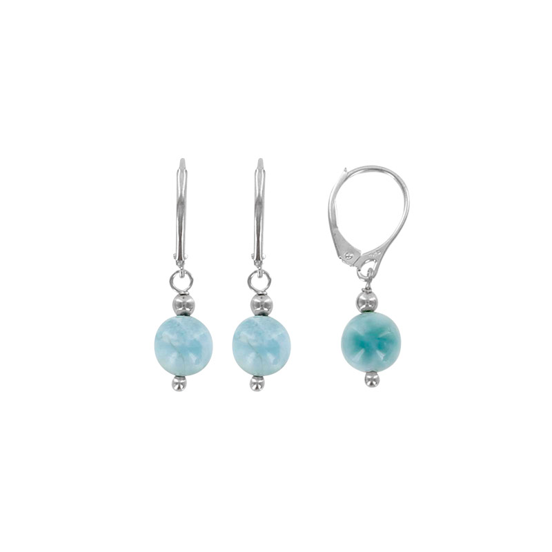 Dormeuses rondes en Larimar et argent 925/1000 rhodié