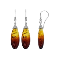 Fils d'oreilles ambre cognac ovale allongé et argent 925/1000 rhodié