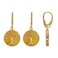 Fils d'oreilles arbre de vie Ambre cognac en argent 925/1000 doré