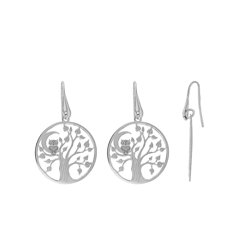 Fils d'oreilles arbre de vie avec chouette et lune, argent 925/1000 rhodié