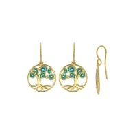 Fils d'oreilles arbre de vie en émail bleu turquoise, argent doré 925/1000