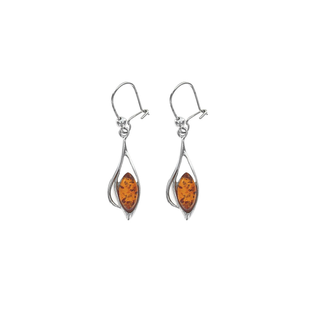 Fils d'oreilles argent 925/1000 rhodié fantaisie et une pierre en ambre