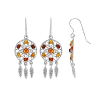 Fils d'oreilles attrape-rêves pierres en ambre et argent 925/1000 rhodié