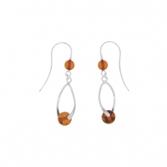Fils d'oreilles avec 2 boules en ambre en argent 925/1000 rhodié