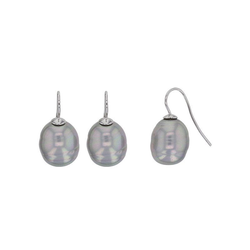 Fils d'oreilles en laiton rhodié, perle de Majorque baroque grise