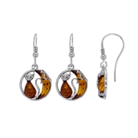 Fils d'oreilles encerclé motif chat et lune ambre cognac en argent 925/1000 rhodié