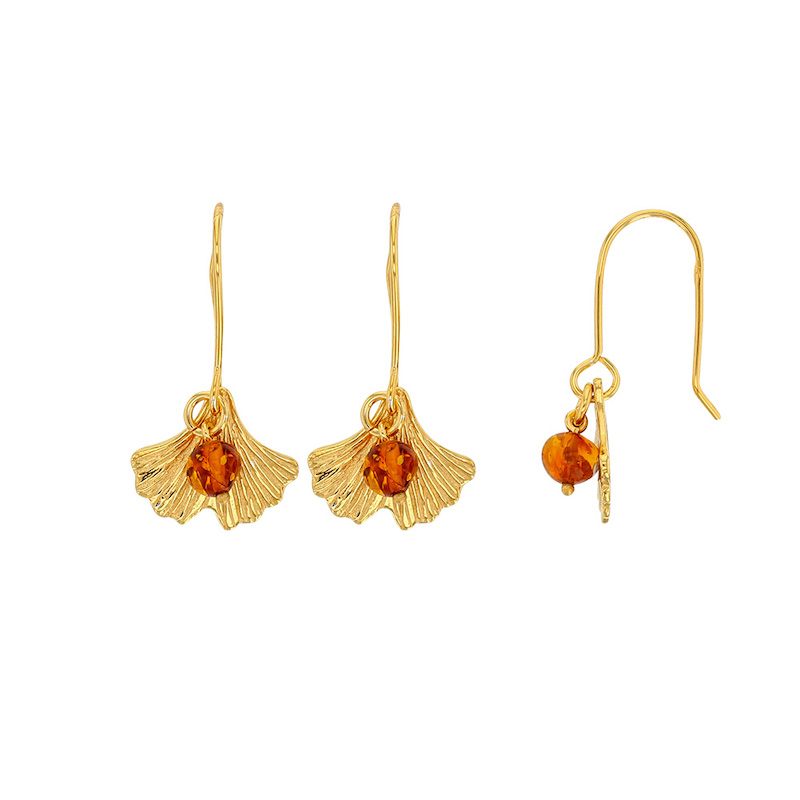 Fils d'oreilles feuille de Ginkgo argent 925/1000 doré et boule ambre cognac