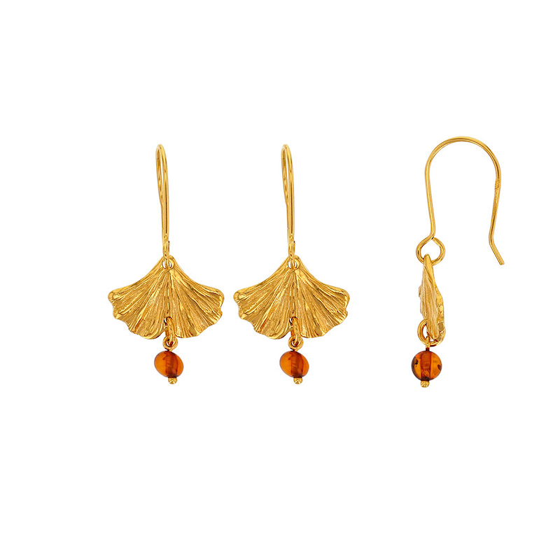 Fils d'oreilles feuille de Ginkgo avec pendant boule ambre cognac, argent 925/1000 doré