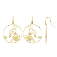 Fils d'oreilles forme de cercle avec feuilles de ginkgo, en argent 925/1000 doré