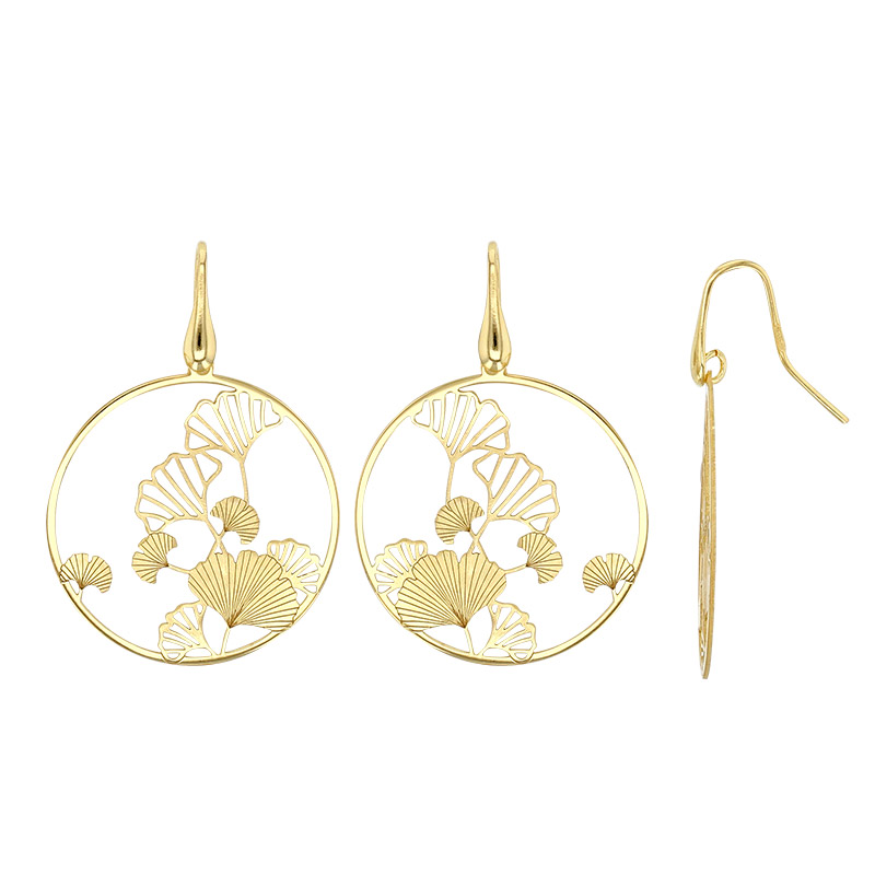 Fils d'oreilles forme de cercle avec feuilles de ginkgo, en argent 925/1000 doré
