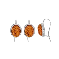 Fils d'oreilles forme ovale, ambre cognac argent 925/1000 rhodié