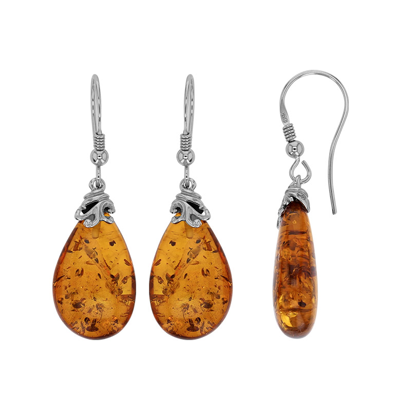 Fils d'oreilles forme ovale en ambre cognac, argent 925/1000 rhodié