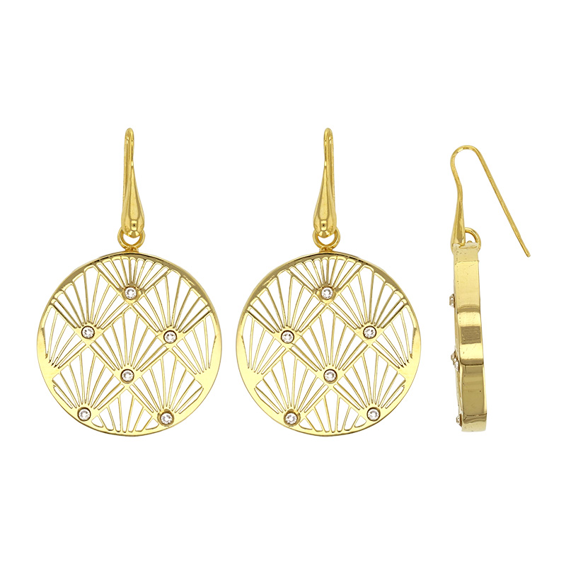 Fils d'oreilles forme ronde motif palmette ornés en oxydes, argent 925/1000 doré