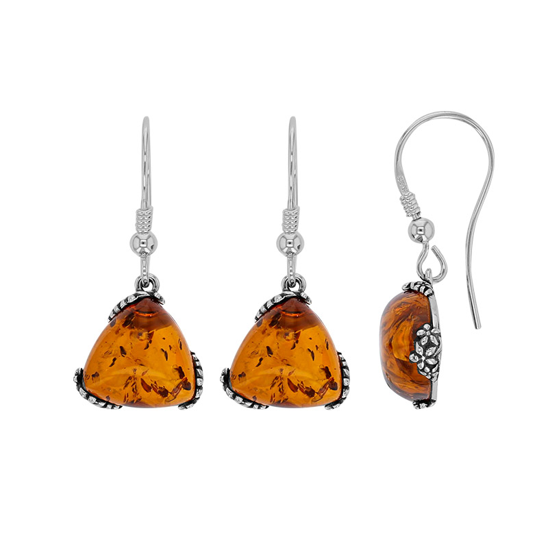 Fils d'oreilles forme triangle en ambre cognac, argent 925/1000 vieilli