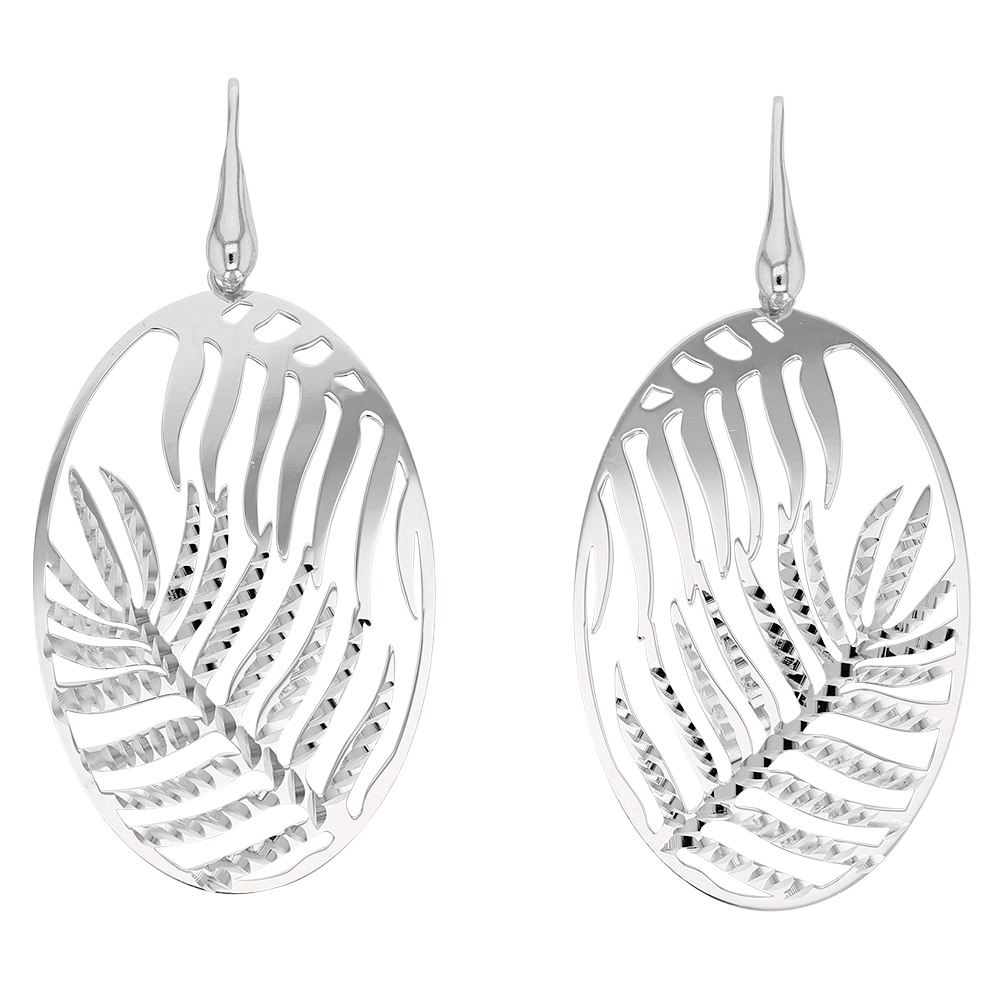 Fils d'oreilles JUNGLE ajourés en argent 925/1000 rhodié - ovale et feuilles de palmier