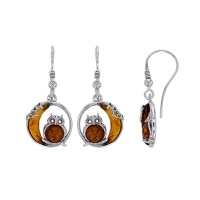 Fils d'oreilles motifs hibou et lune ambre cognac en argent 925/1000 rhodié