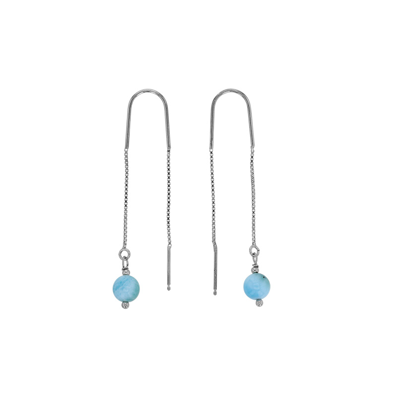 Fils d'oreilles ornées d'une pierre Larimar, argent 925/1000 rhodié