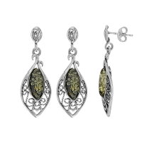Fils d'oreilles pendants en forme d'amande ornés d'ambre verte, argent 925/1000 vieilli