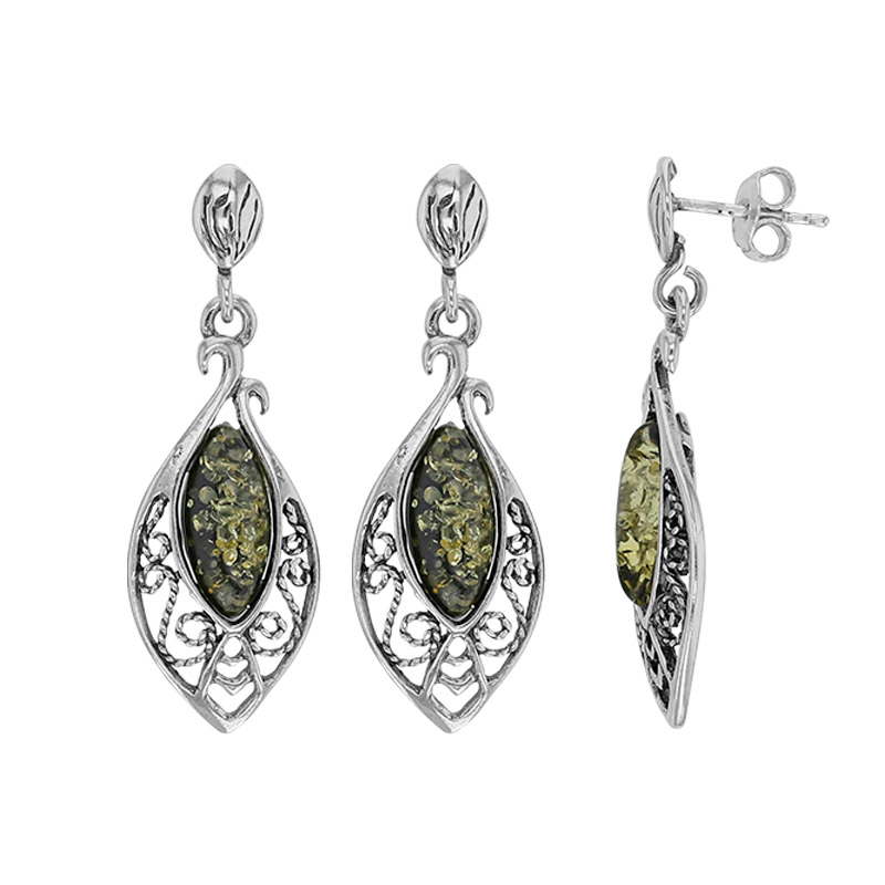 Fils d'oreilles pendants en forme d'amande ornés d'ambre verte, argent 925/1000 vieilli