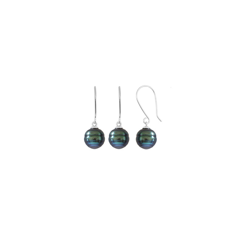 Fils d'oreilles perles de Tahiti cerclées baroques de culture, argent 925/1000 rhodié