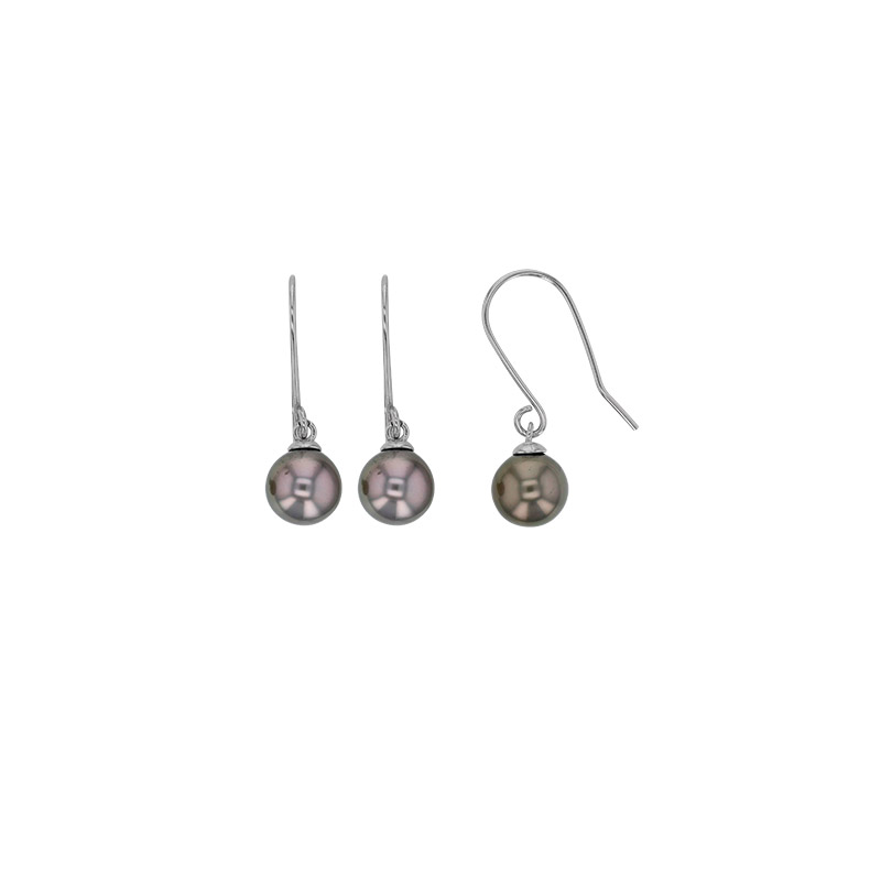 Fils d'oreilles perles de Tahiti rondes de culture en argent 925/1000 rhodié