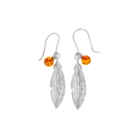 Fils d'oreilles plume en Argent 925/1000 rhodié et boules en Ambre