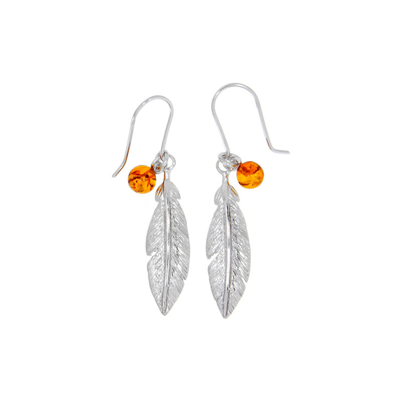 Fils d'oreilles plume pendant boule Ambre miel et argent 925/1000 rhodié