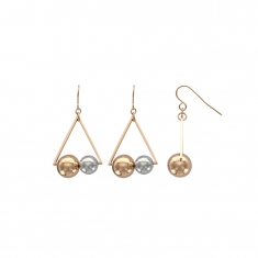 Fils d'oreilles triangle acier doré-rose et 2 boules couleur acier et doré-rose