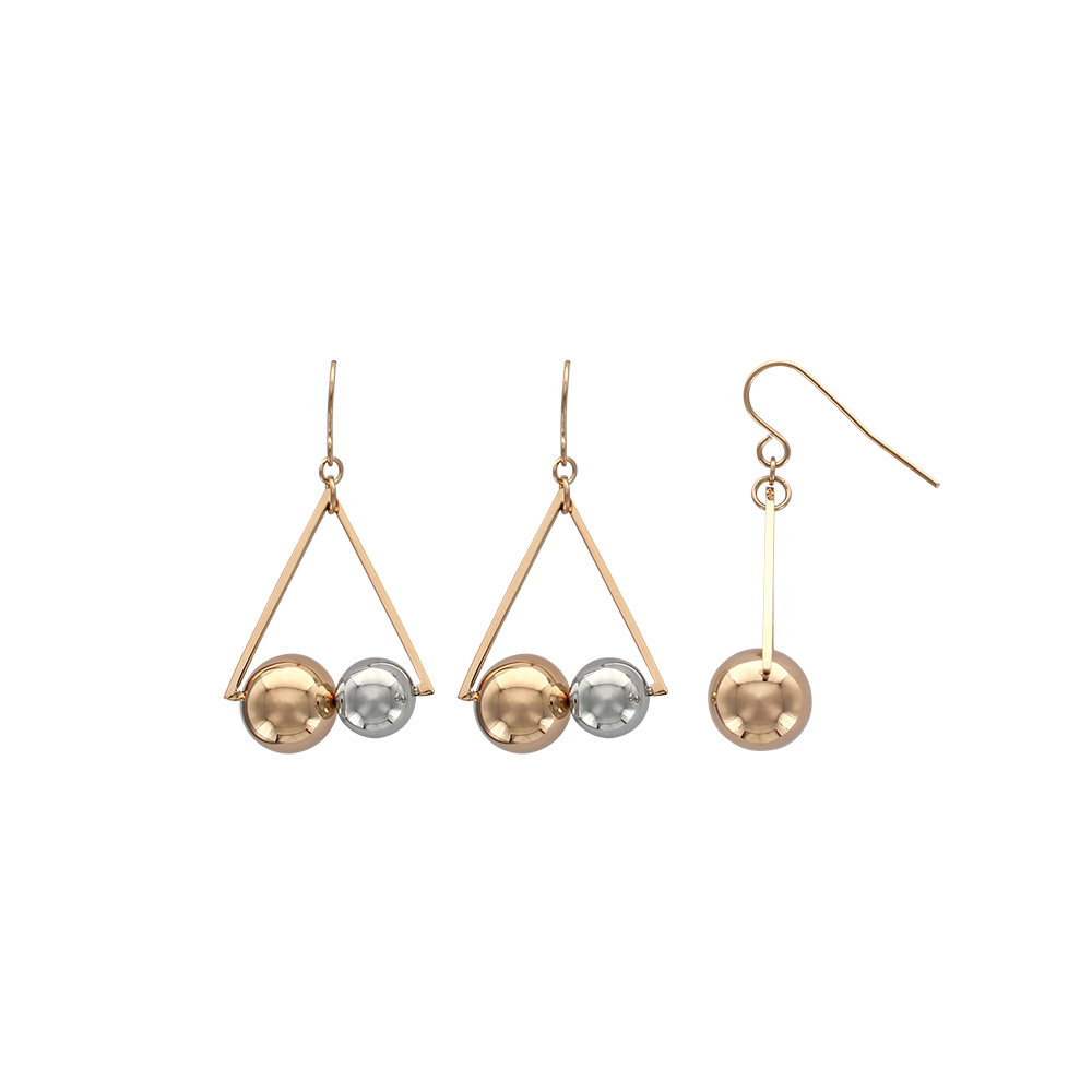 Fils d'oreilles triangle acier doré-rose et 2 boules couleur acier et doré-rose