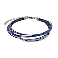 Bracelet Acier cuir de bovin noir et cordon synthétique ciré bleu