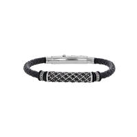 Bracelet acier et cuir de bovin noir, perle tube Gothique avec oxydes noirs, anneaux caoutchouc