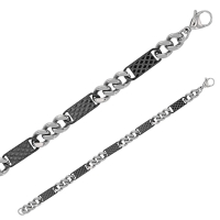 Bracelet acier maille figaro triple et plaques à motifs acier noir