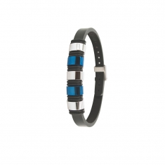 Bracelet avec éléments en acier et en acier bleu sur cuir d'équin noir ajustable