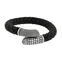 Bracelet Cuir de bovin tressé Noir motif Reptile en acier mat, semi rigide