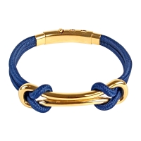 Bracelet double noeuds double infini en acier doré, femoir réglable et cordon nylon bleu