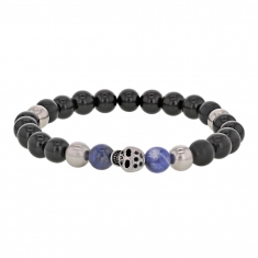 Bracelet extensible à motif tête de mort avec boules en acier, ébène, pierres naturelles bleu
