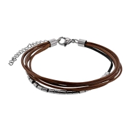 Bracelet multirang cordons synthétiques cirés marron, cuir de bovin noir, fermoir acier