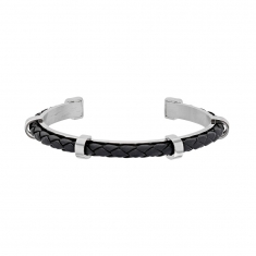 Bracelet ouvert en acier avec un cordon synthétique de couleur noir