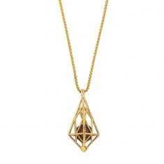 Collier en acier doré en forme cage triangulaire avec une perle pailletée couleur bronze