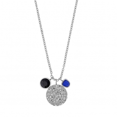 Collier rond aspect martelé, pierres Agate noire et Lapis-lazuli traité, acier