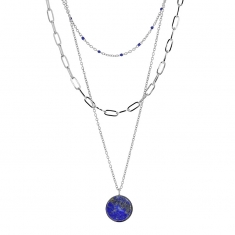 Collier 3 rangs Lapis-lazuli traité taille ronde, maille rectangle et boules résine bleue, acier