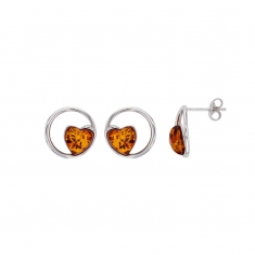 Boucles d'oreilles cercle argent 925/1000 rhodié orné d'un coeur en ambre