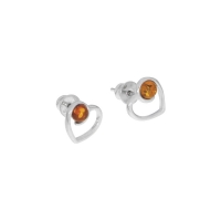 Boucles d'oreilles de style puce en ambre et argent 925/1000 rhodie et en forme de coeur